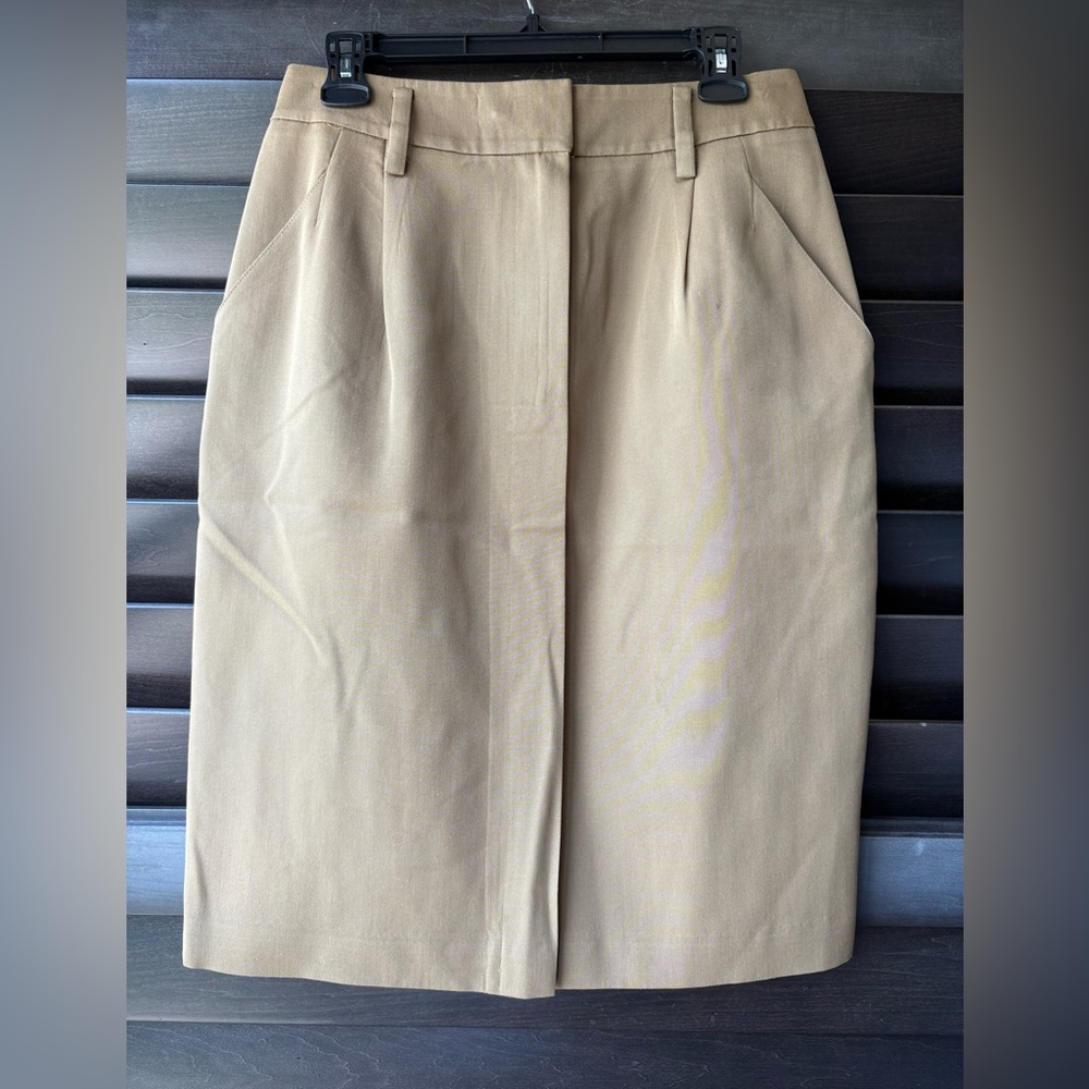 Vintage Linda Allard Ellen Tracy Size 10 Tan Pencil Skirt 100% Wool Fully Lined